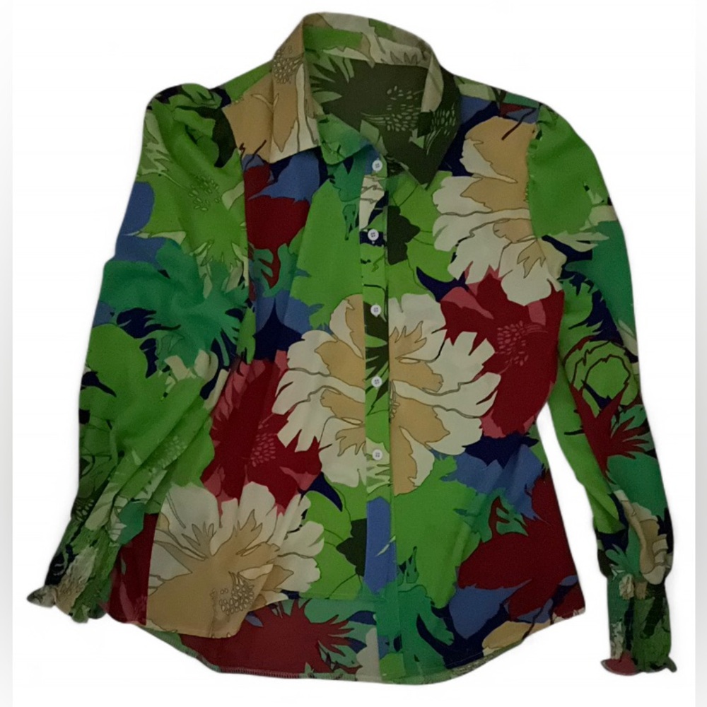 Tropical Floral Multicolor Button-Up Long Sleeve Blouse Cinched Sleeve Size XXL